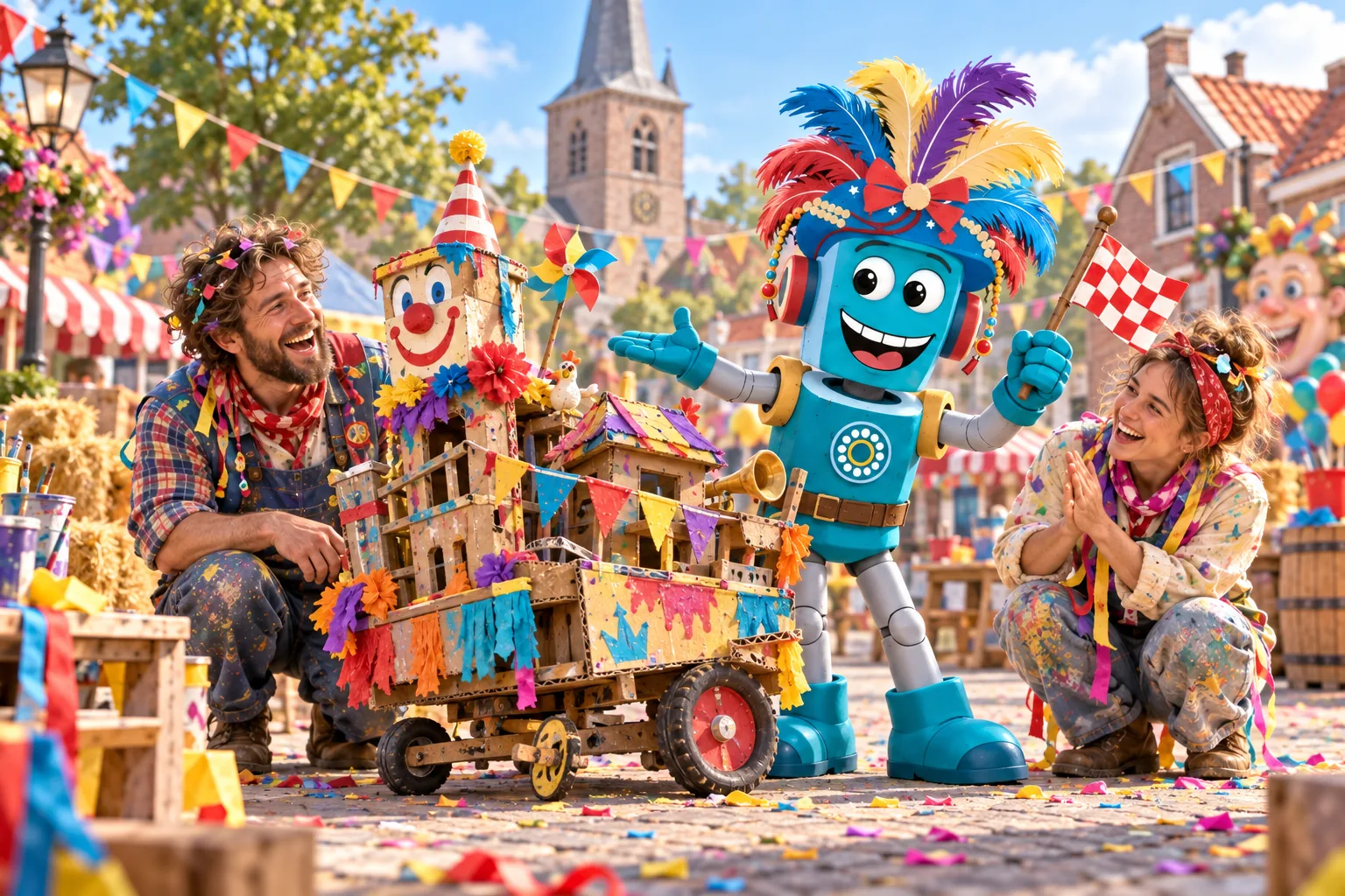 Illustratie van Wâtjuh die trots een scheef gebouwde minipraalwagen onthult, tot groot plezier van twee carnavalsvrienden