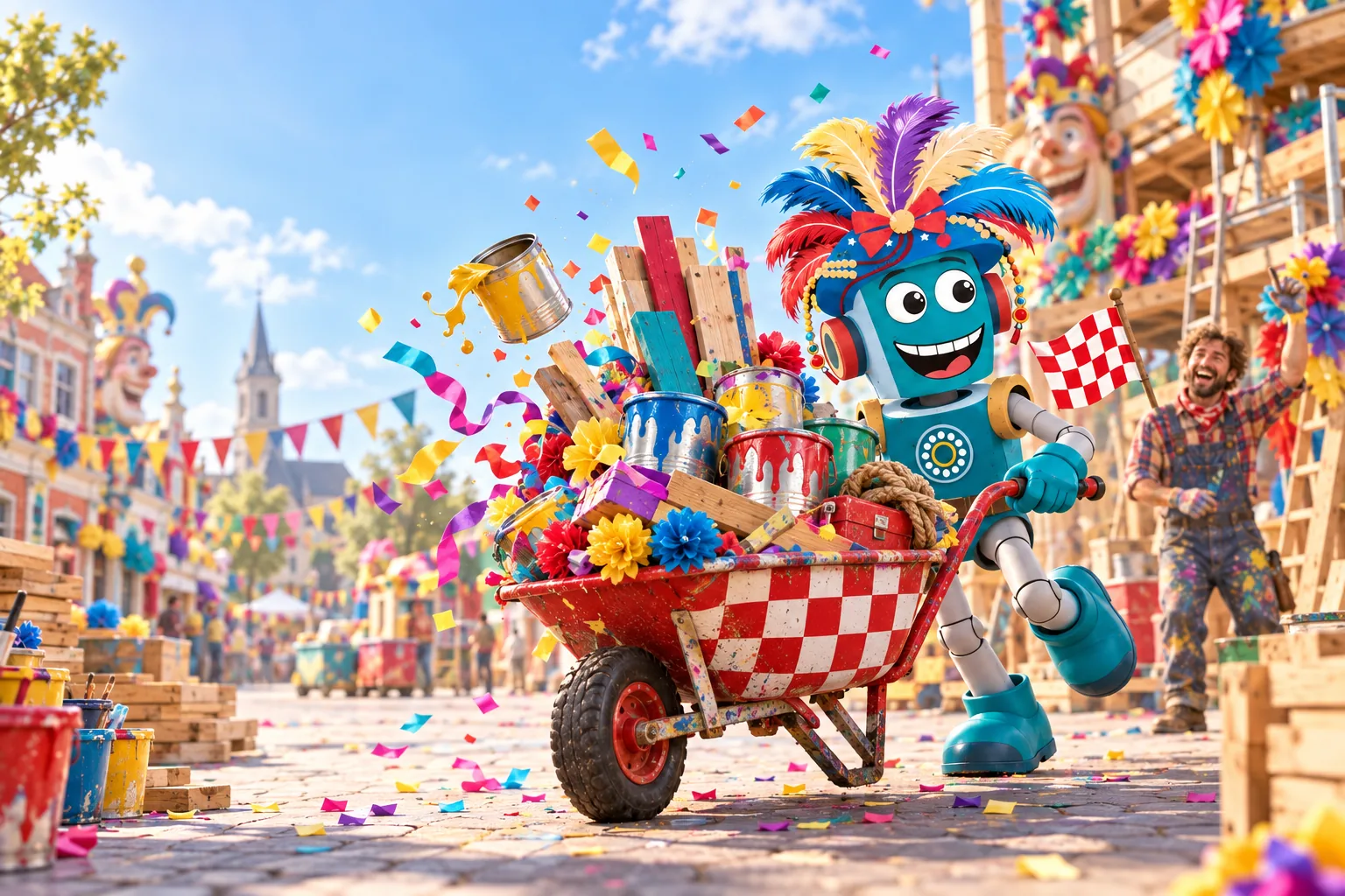 Illustratie van Wâtjuh die op een feestelijke straat een overvolle rood-wit geblokte kruiwagen voortduwt